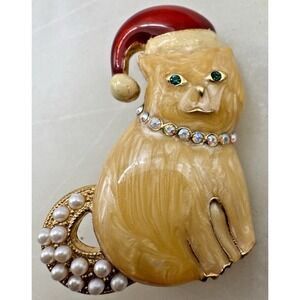Christmas Cat Brooch Santa Hat Rhinestone Eyes Pearl Tail Holiday Pin
